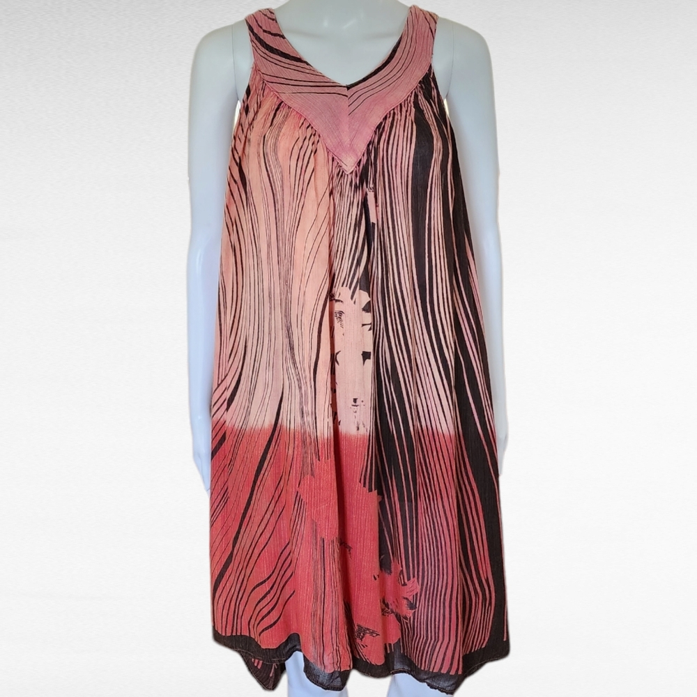 Shoreline Coral & Brown Abstract Stiped Gauze Swing Sleeveless Dress Size S/M